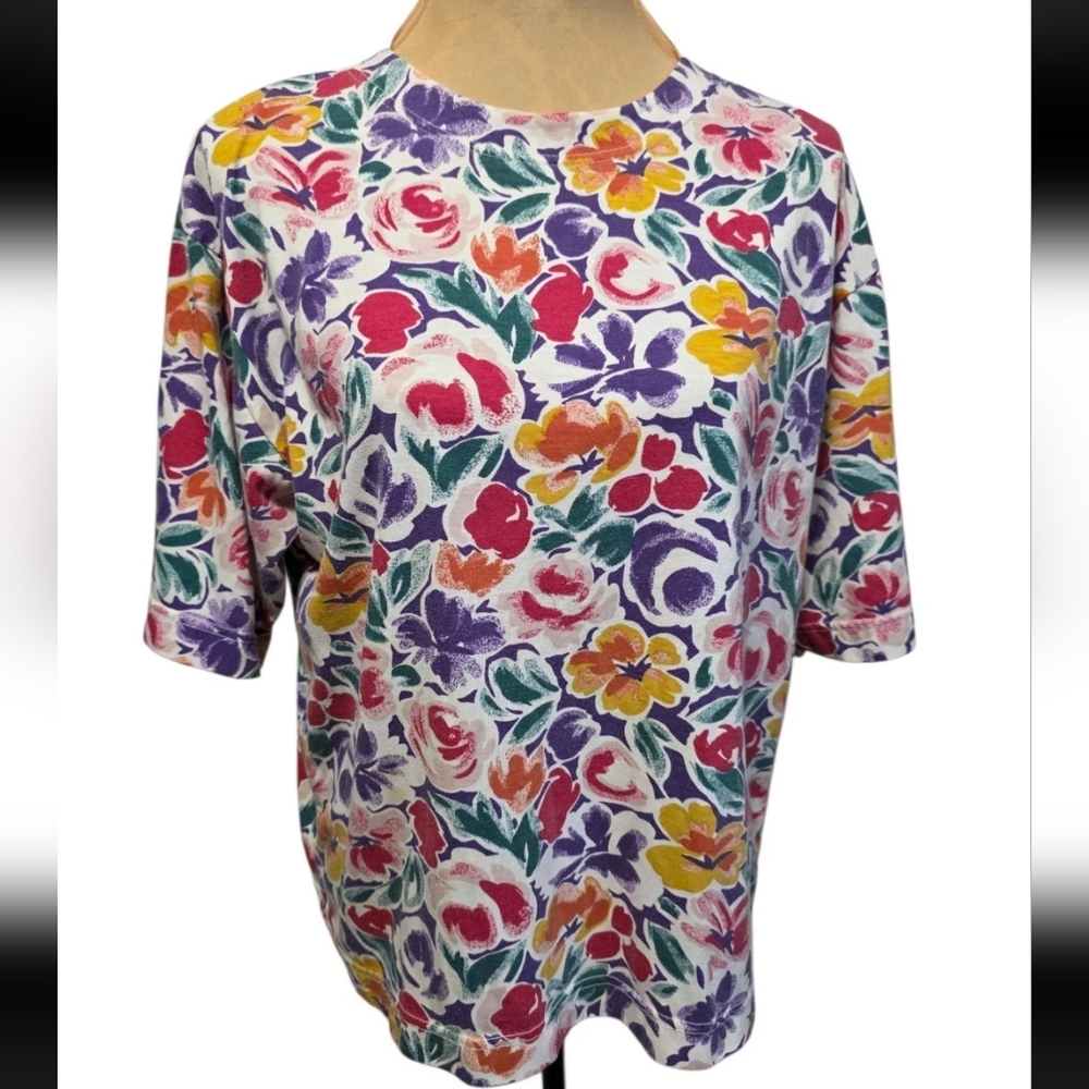 Penny Lane Vintage Top Size L Floral Flowers Casual Colorful 90s Mom Shirt